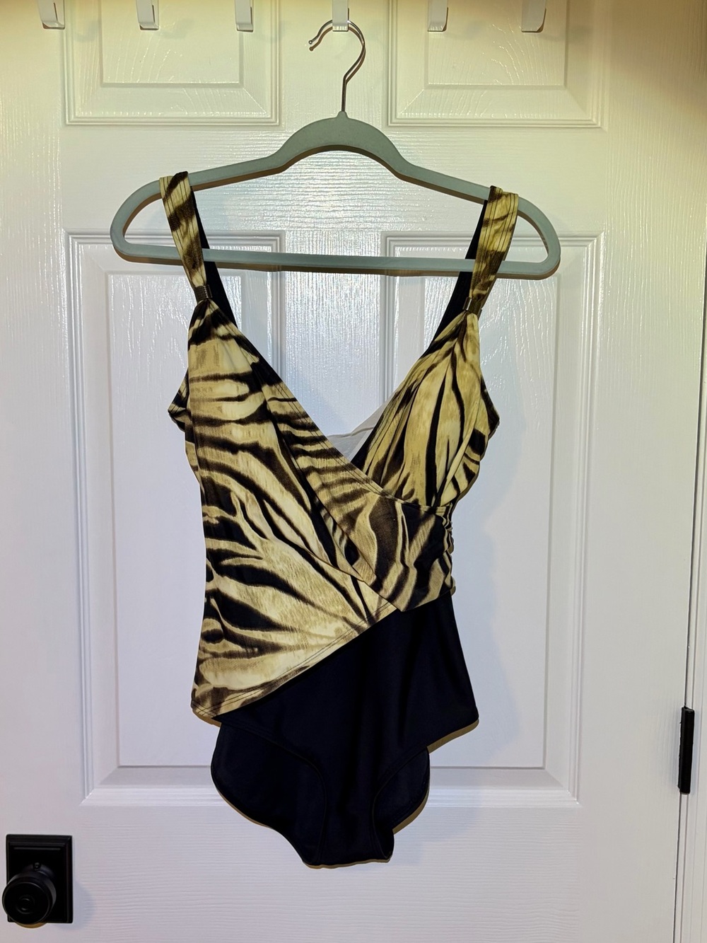 FantaSizer Black and Gold Zebra Wrap One Piece Swimsuit. Size 12/14